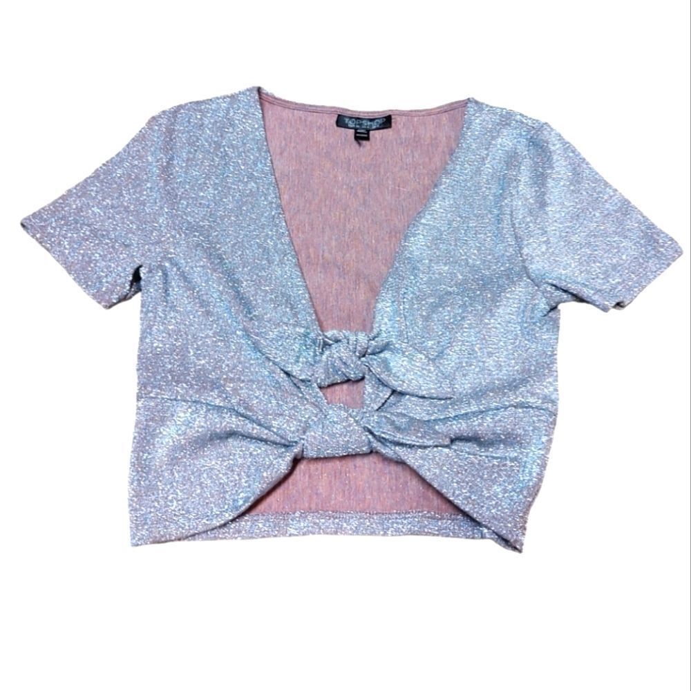 Glitter Metallic Silver Front Ties Knit Crop Top Faux Knots Plunging Nec…